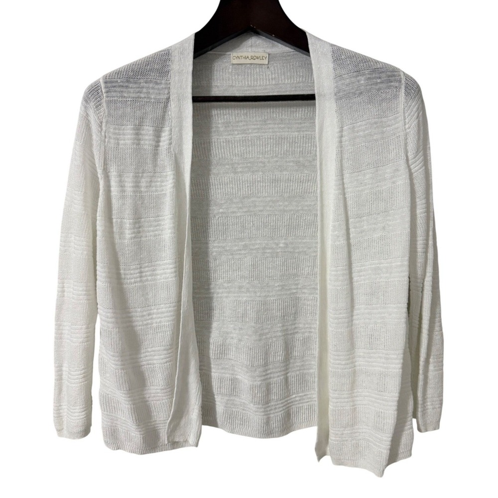 Cynthia Rowley White Linen Striped Open Front Cardigan Sweater‎ Medium READ